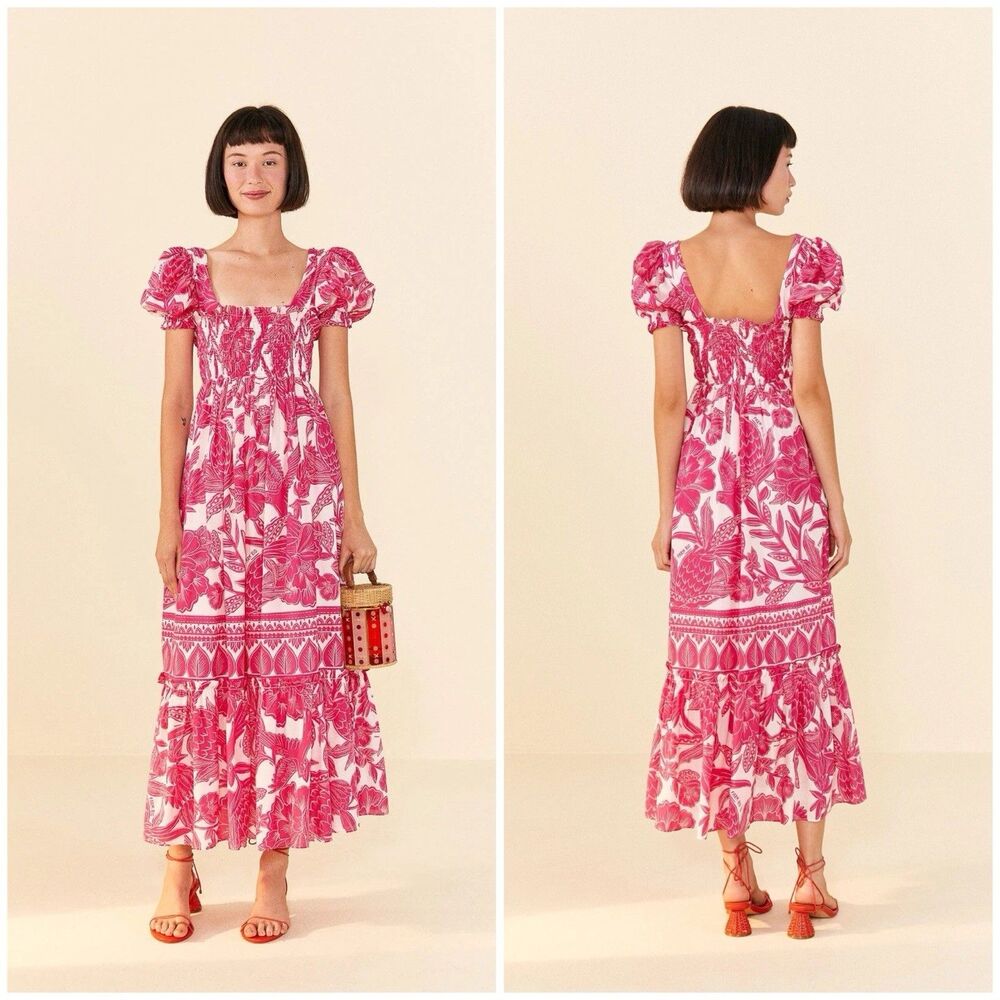 Farm Rio Pink Tropical Maxi Dress Size Medium Cotton Tiered Ruffle Puff Sleeve
